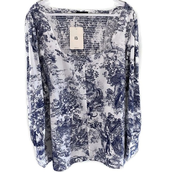 BloomChic Tops - 2X Size 20 Blue & White Jungle & Big Cat Blouse with Shirring by Bloomchic⎜NWT